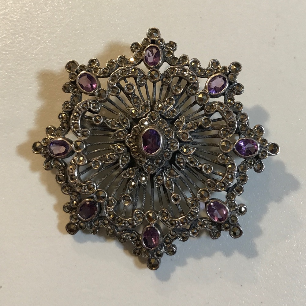 Vtg Sterling Silver Amethyst Marcasite Brooch Pin